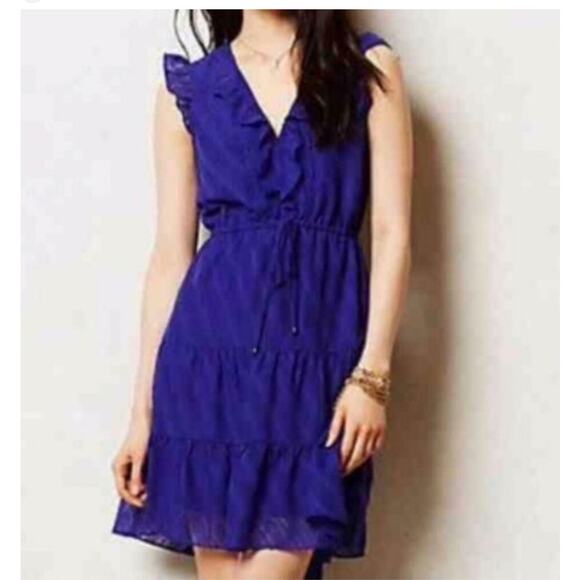 HD In Paris Womens Tiered Mini Dress Size 8 Ruffle Swiss Dot Blue Boho Anthro - Picture 10 of 10